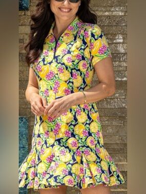 IBKUL Vibrant Lemon & Floral Short Sleeve Polo Tennis Dress S